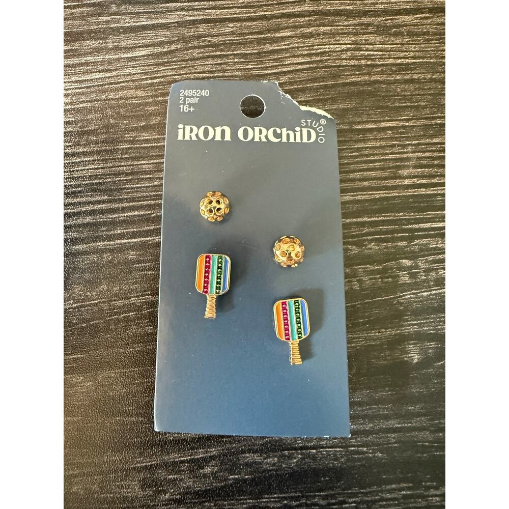 NWT Iron Orchid Studios PICKLEBALL Racket & Ball Stud Earrings